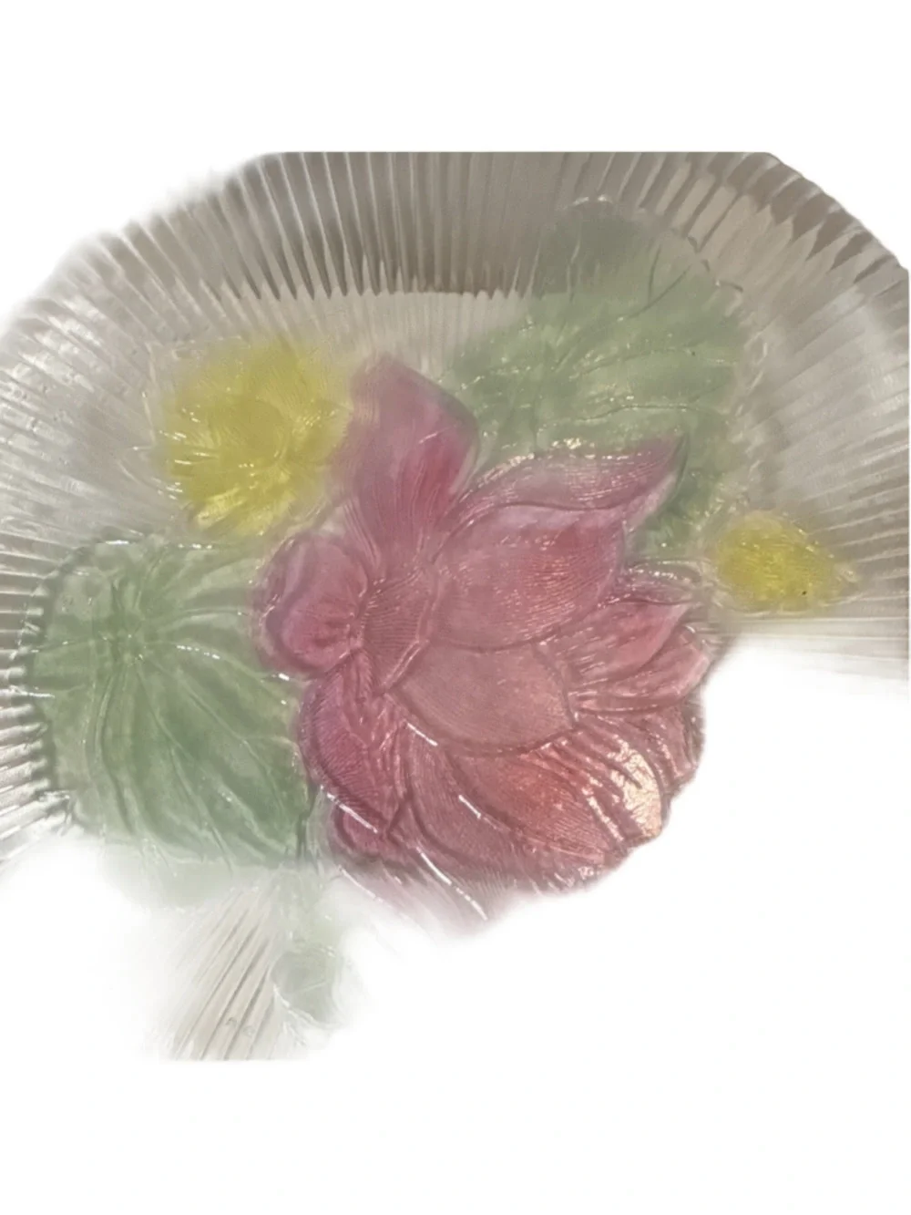 Clear Pink Green Yellow pressed Glass Round platter with Floral Pattern.
